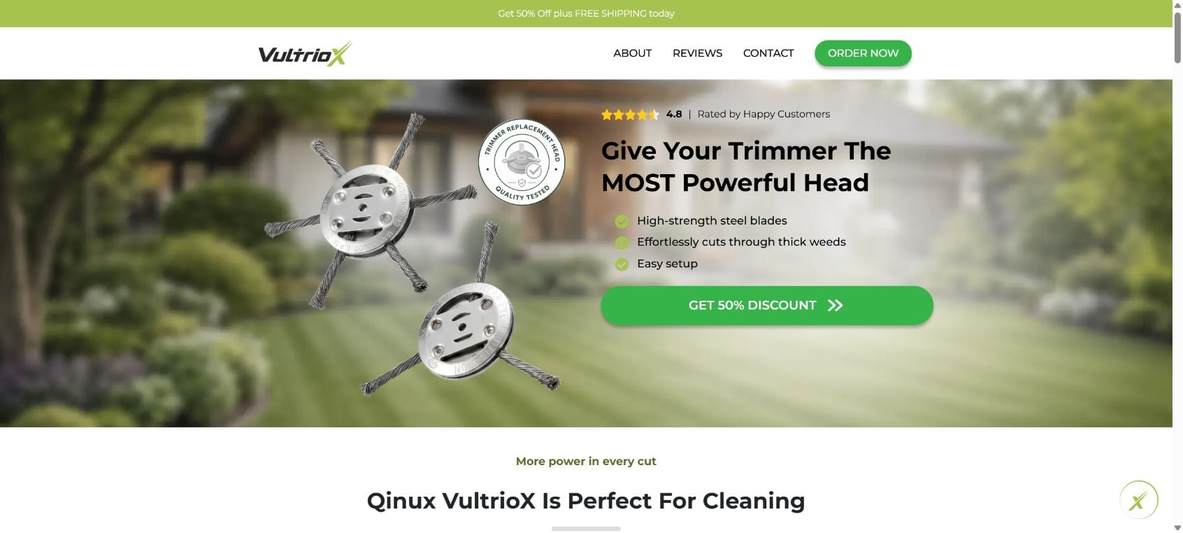 Qinux VultrioX Trimmer Scam or Legit? The Steel-Cable Cutting Head Warning 1 Qinux VultrioX sales page advertising a steel cable trimmer head with a 50% discount