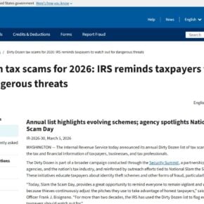 IRS official Dirty Dozen tax scams warning for 2026