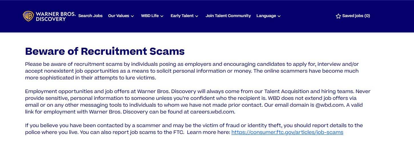 WBD Global Streaming Job Scam Text: Why the Easy Remote Work Offer Is Fake 1 Warner Bros Discovery official warning about recruitment scams