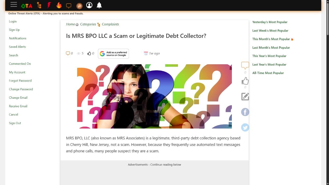 MRS BPO LLC Calling You? How to Verify the Debt Collector Before Paying or Sharing Information 1 Online alert discussing whether an MRS BPO debt collection contact is legitimate
