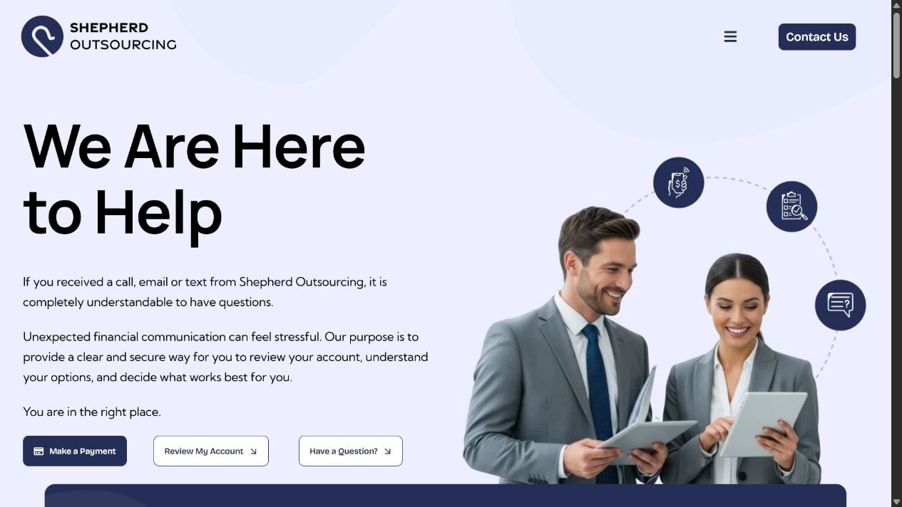 Shepherd Outsourcing Calling You? How to Verify the Agency and the Debt 1 Official Shepherd Outsourcing debt collection and account resolution website