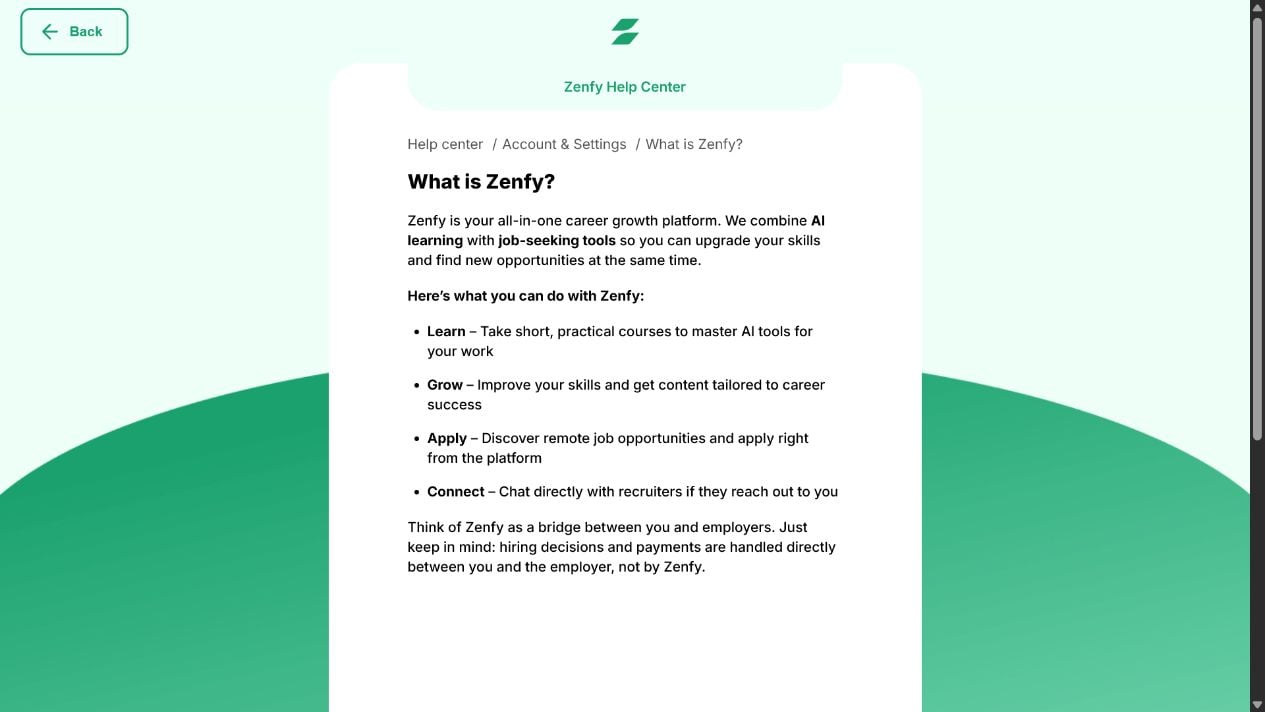 Zenfy Subscription Review: How Auto-Renewal, Cancellation and Job Tools Work 1 Zenfy official help page explaining its AI learning and job search platform