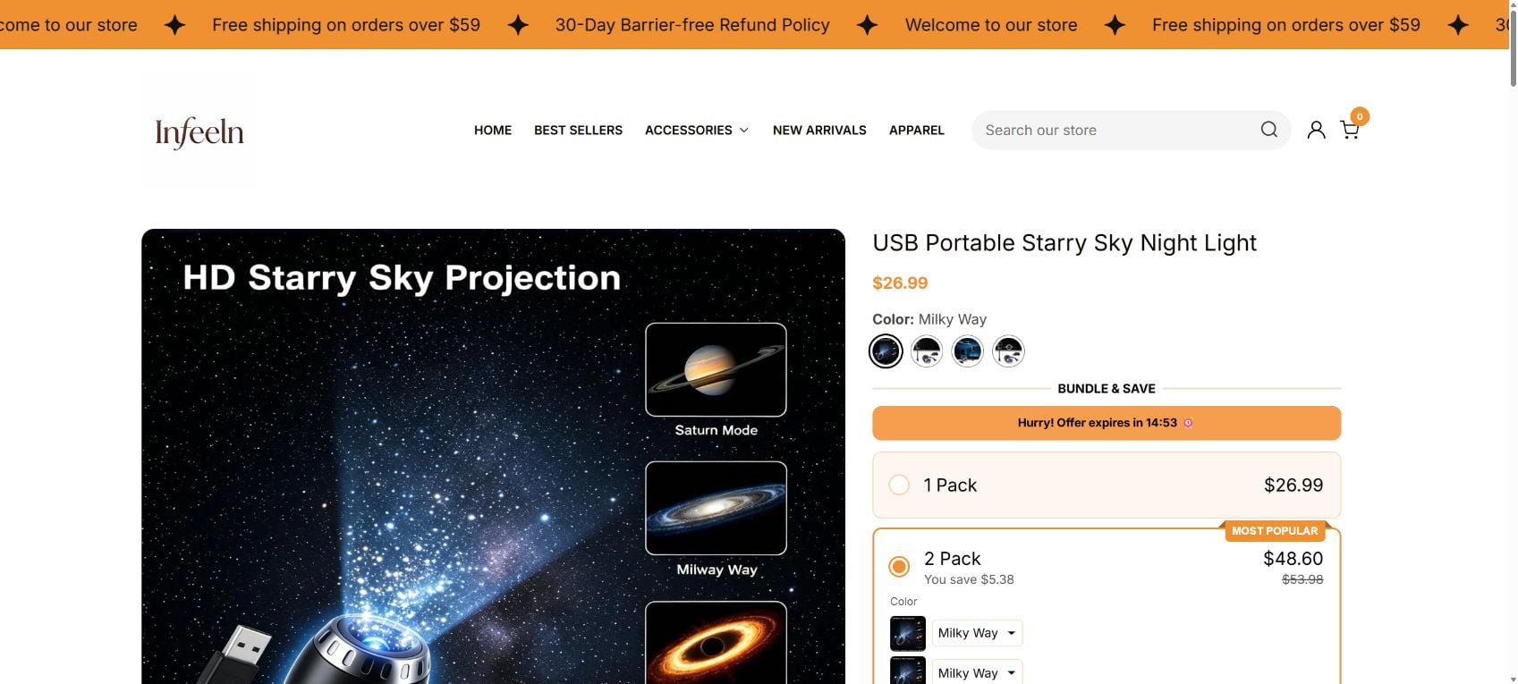 USB portable starry sky night light product page showing a galaxy projection claim