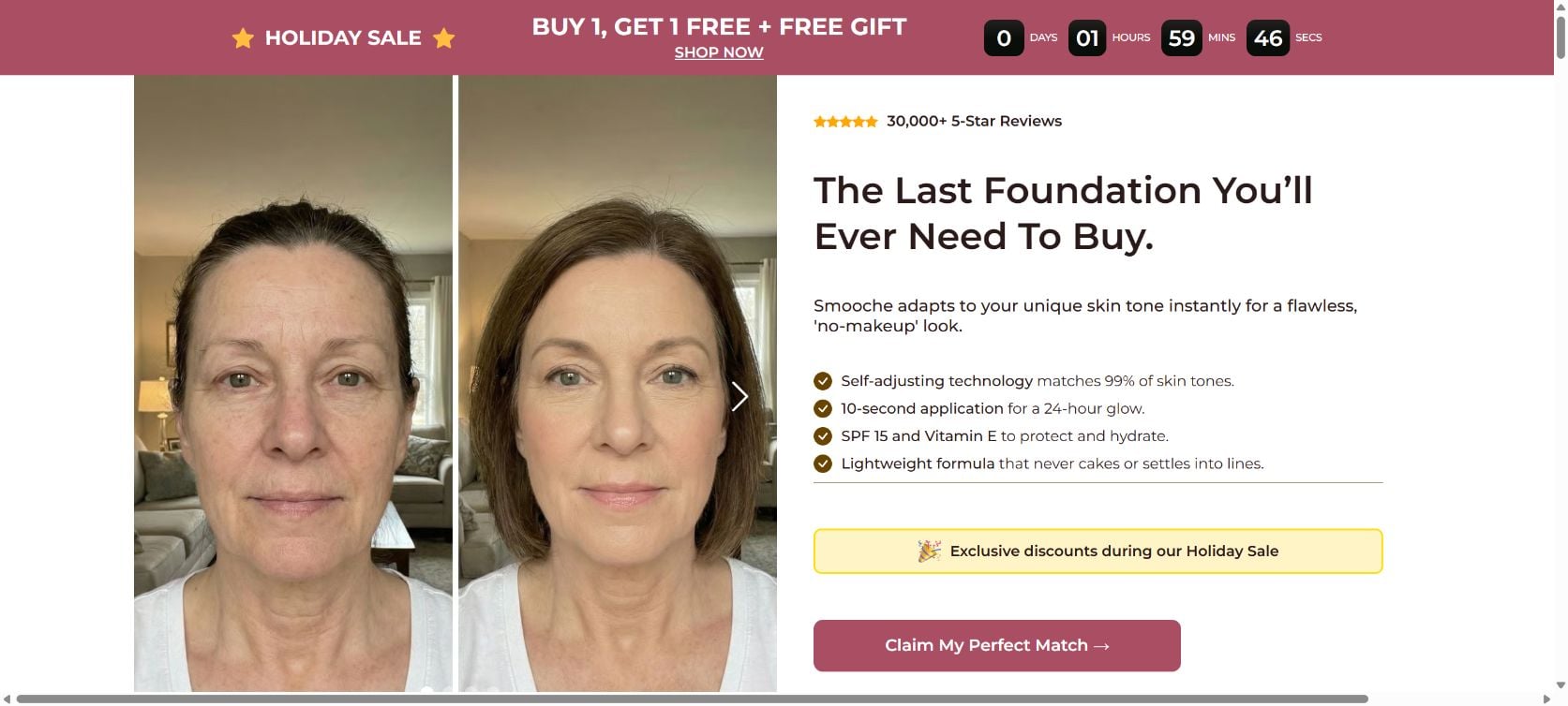 Smooche color-changing foundation sales page with before-and-after photo and product claims