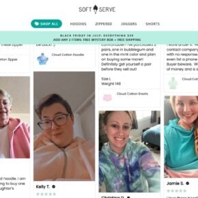 Soft Serve Clothing website displaying a Black Friday promotion and customer reviews