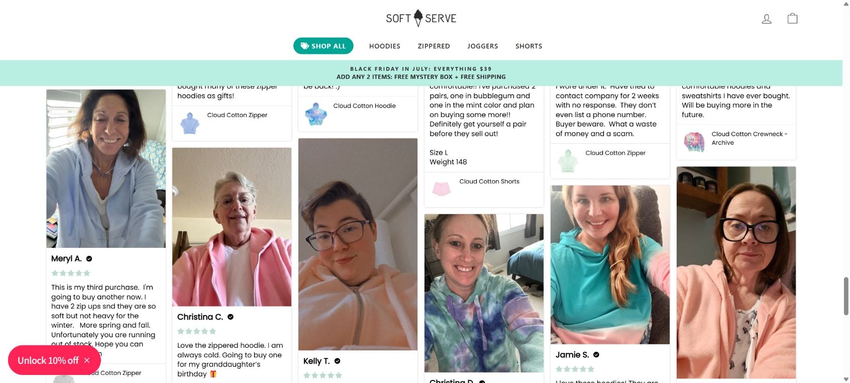 Soft Serve Clothing Scam or Legit? Why So Many Buyers Say Their Orders Never Arrived 1 Soft Serve Clothing website displaying a Black Friday promotion and customer reviews