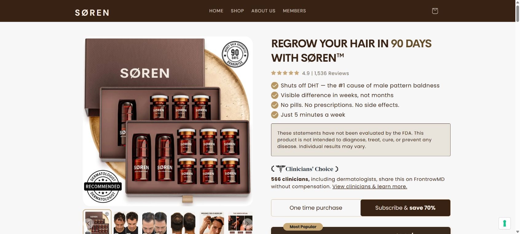 SØREN Hair Regrowth Scam or Legit? Copied Reviews and Subscription Risks Exposed 1 SOREN official website advertising hair regrowth in 90 days and a 70 percent subscription discount