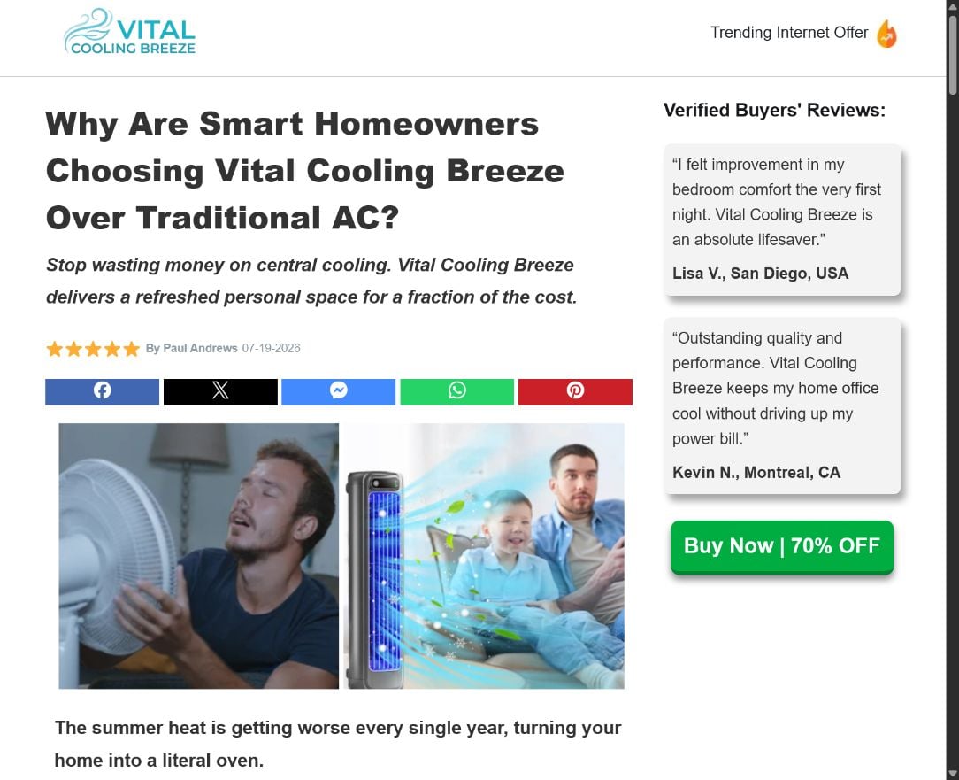 Vital Cooling Breeze Scam or Legit? Why This "Portable AC" Is Really a Cheap Fan 1 Vital Cooling Breeze advertorial claiming the small evaporative cooler can replace traditional air conditioning