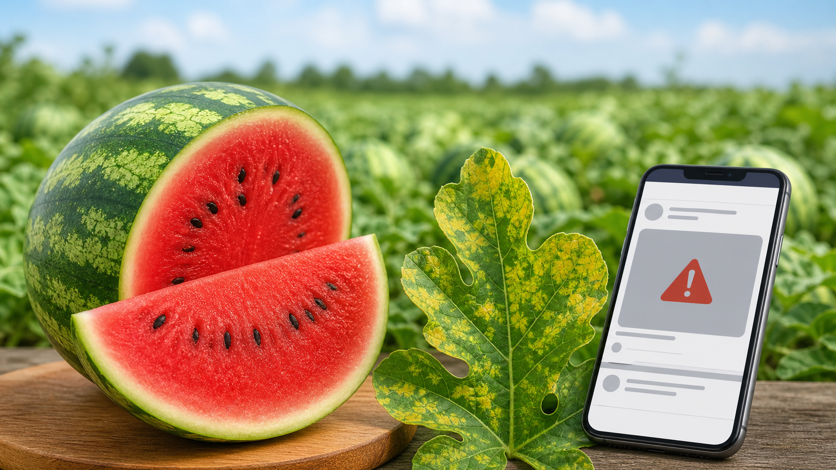 Watermelon Mosaic Virus Hoax: Is the Fruit Safe to Eat? 1 Watermelon, mosaic-patterned plant leaf and a social media warning illustrating the watermelon mosaic virus hoax