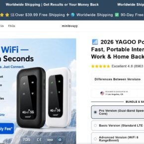 2026 YAGOO Pocket WiFi sales page claiming instant internet in more than 150 countries with no monthly fee