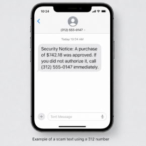 Example of a scam text message sent from a fictional 312 area code number
