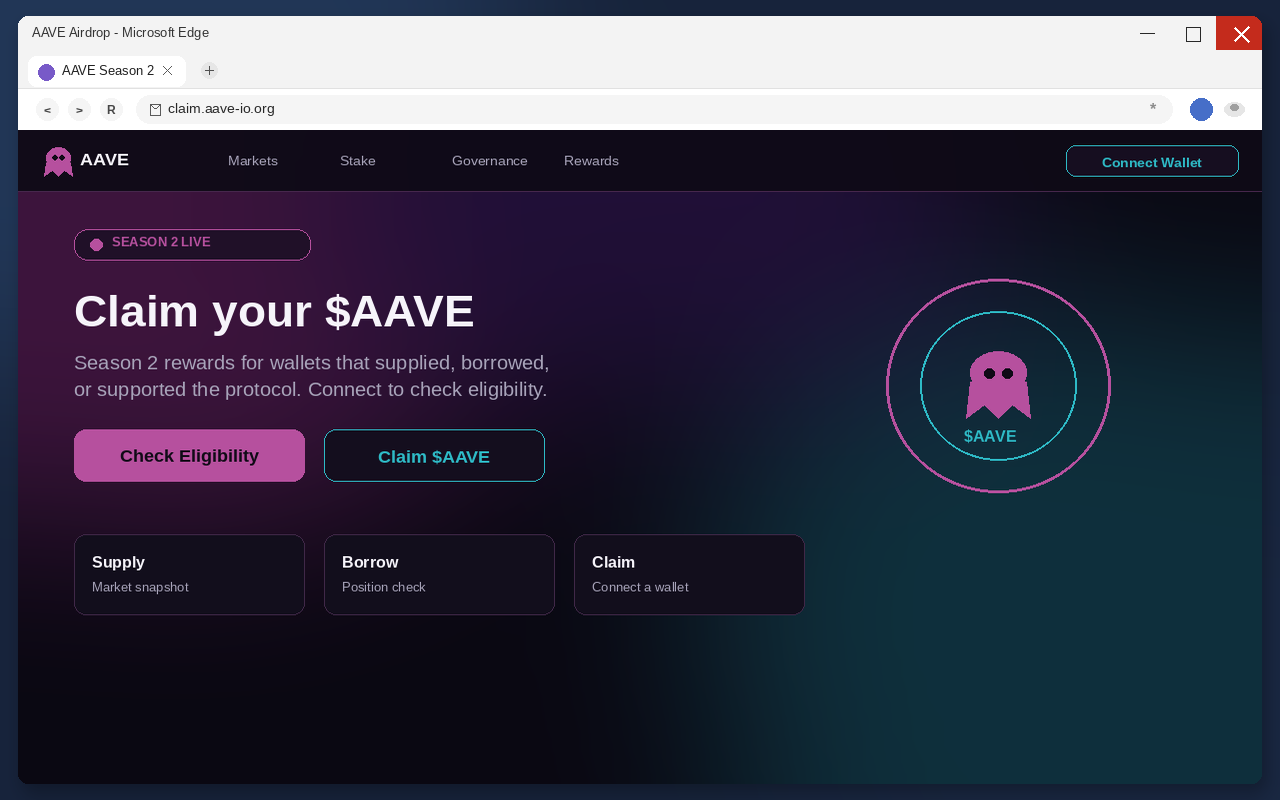 Aave Airdrop EXPOSED: Fake $AAVE Claim Pages Drain Wallets 1 Fake Aave $AAVE airdrop claim page with Connect Wallet