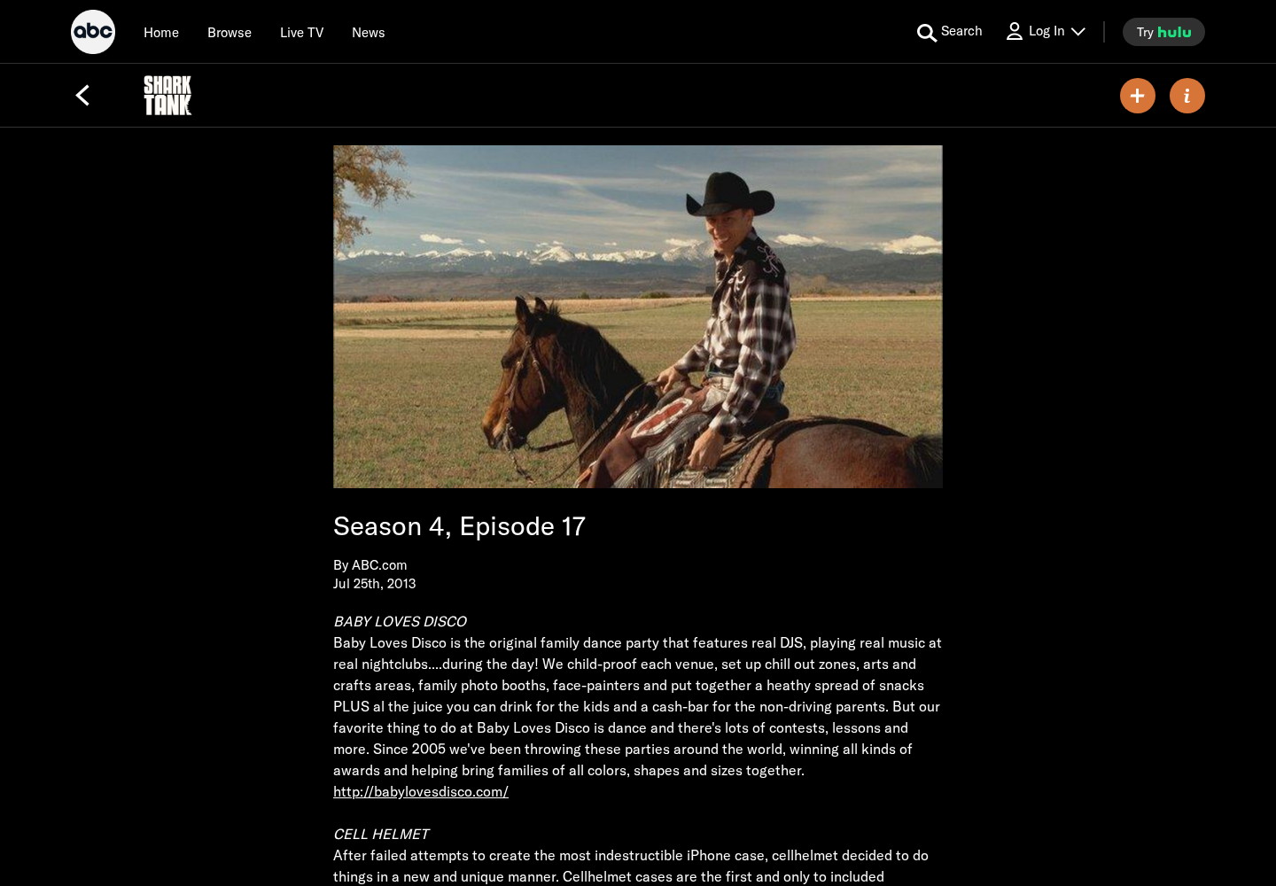 Official ABC Shark Tank page for the season featuring Ryan Cowboy Ehmann