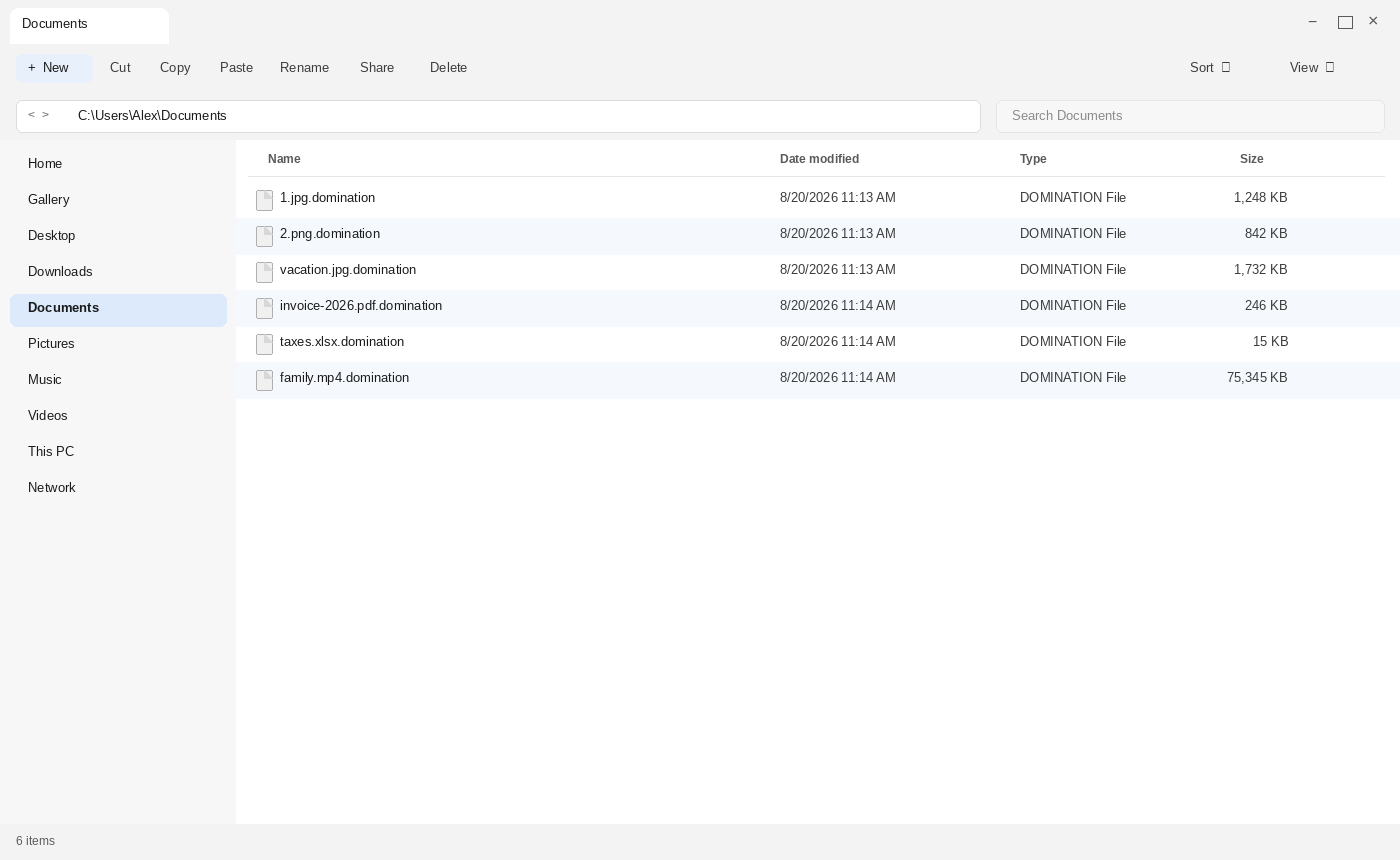 Encrypted files after Absolute Domination. The .domination names are the tell.