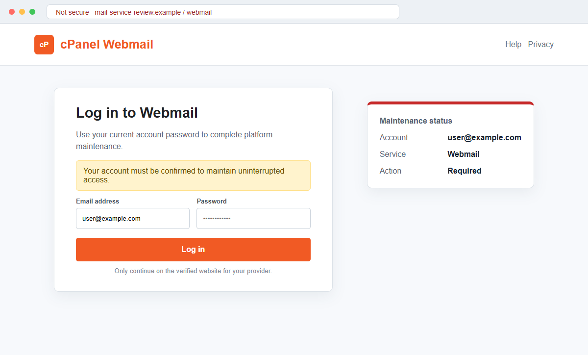 Reconstruction of a fake cPanel Webmail login page requesting an email address and password