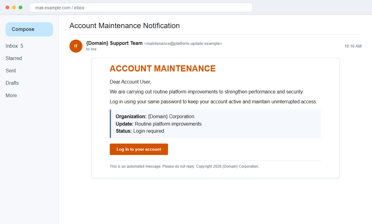 Reconstruction of a fake account maintenance notification containing unfinished domain placeholders