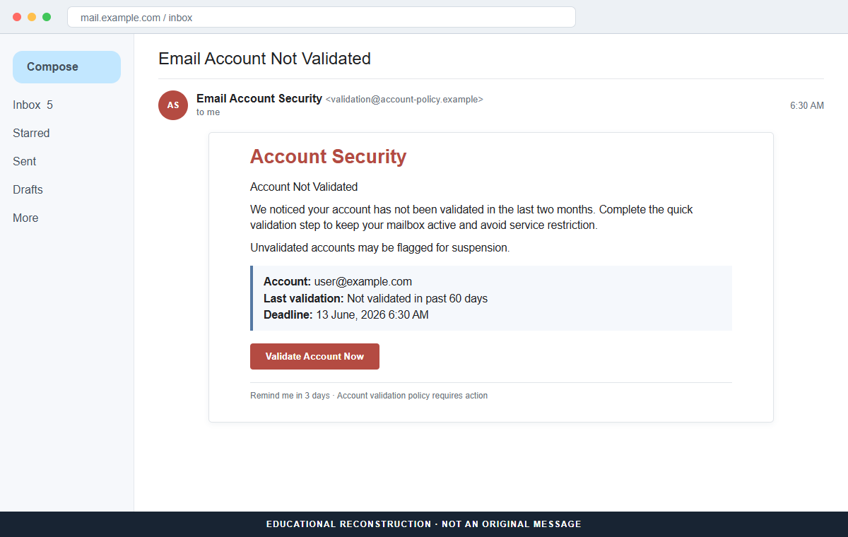 Reconstruction of the Account Not Validated phishing email