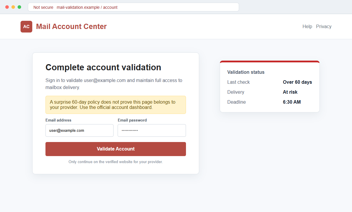 Reconstruction of the fake email account validation password page