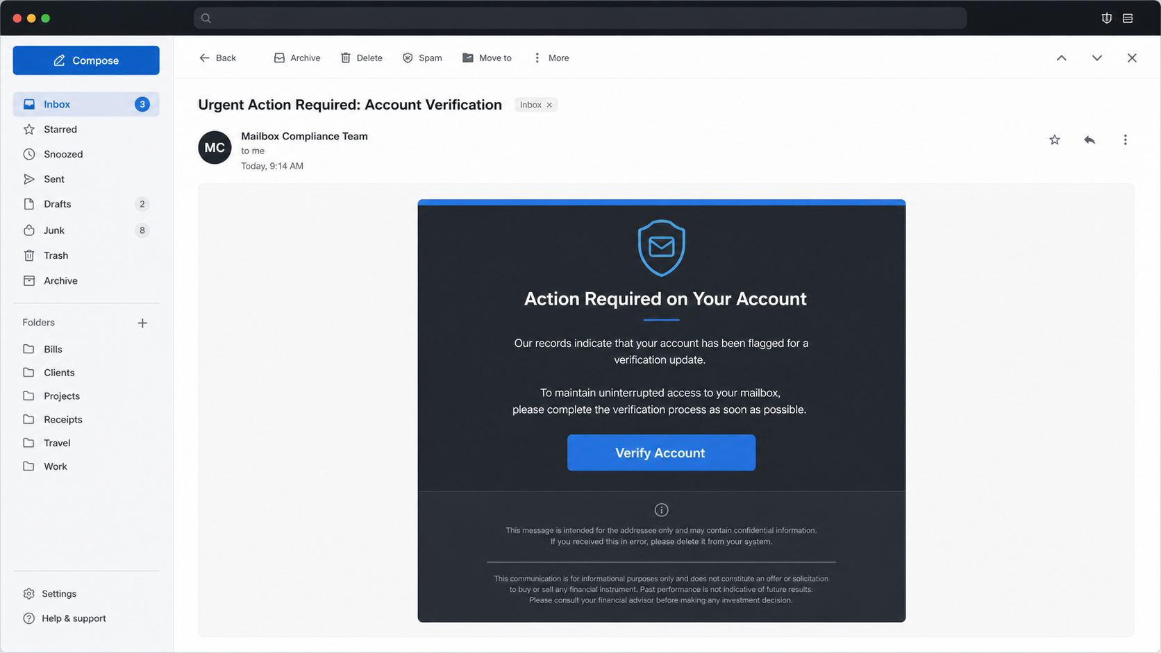 Reconstructed Account Verification Update phishing email