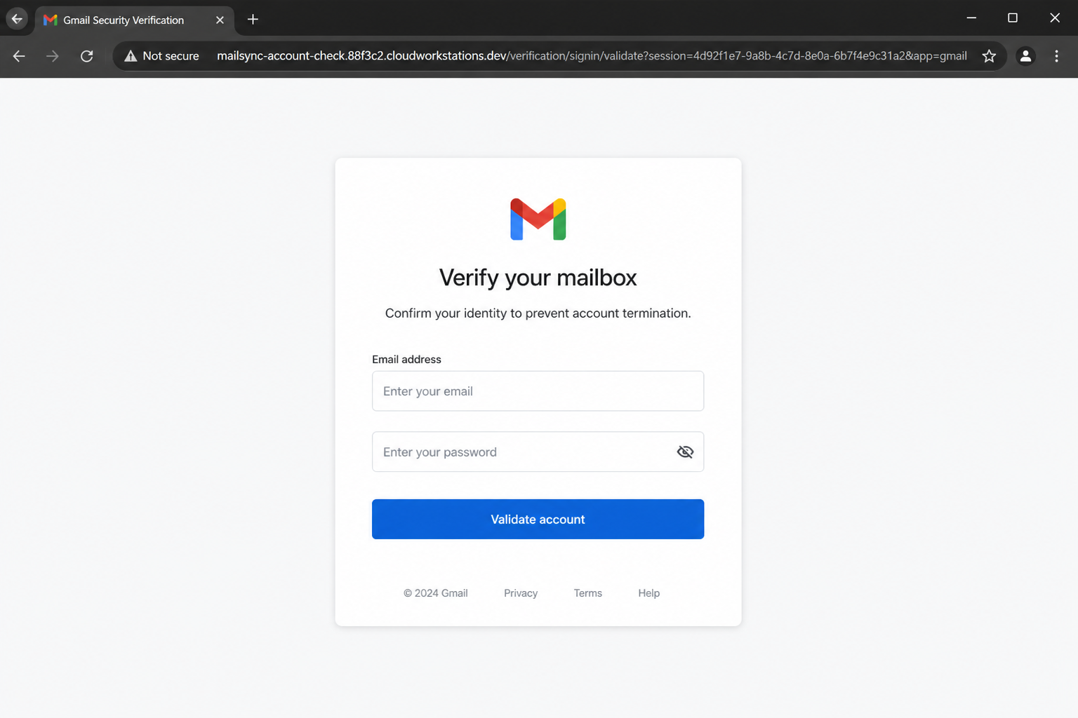 Reconstruction of the counterfeit Gmail verification portal