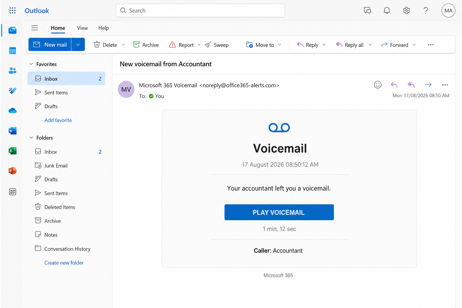 Accountant Voicemail EXPOSED: Fake Microsoft 365 Play Button 1 Fake Microsoft 365 voicemail email with a Play Voicemail button from Accountant dated 17 August 2026