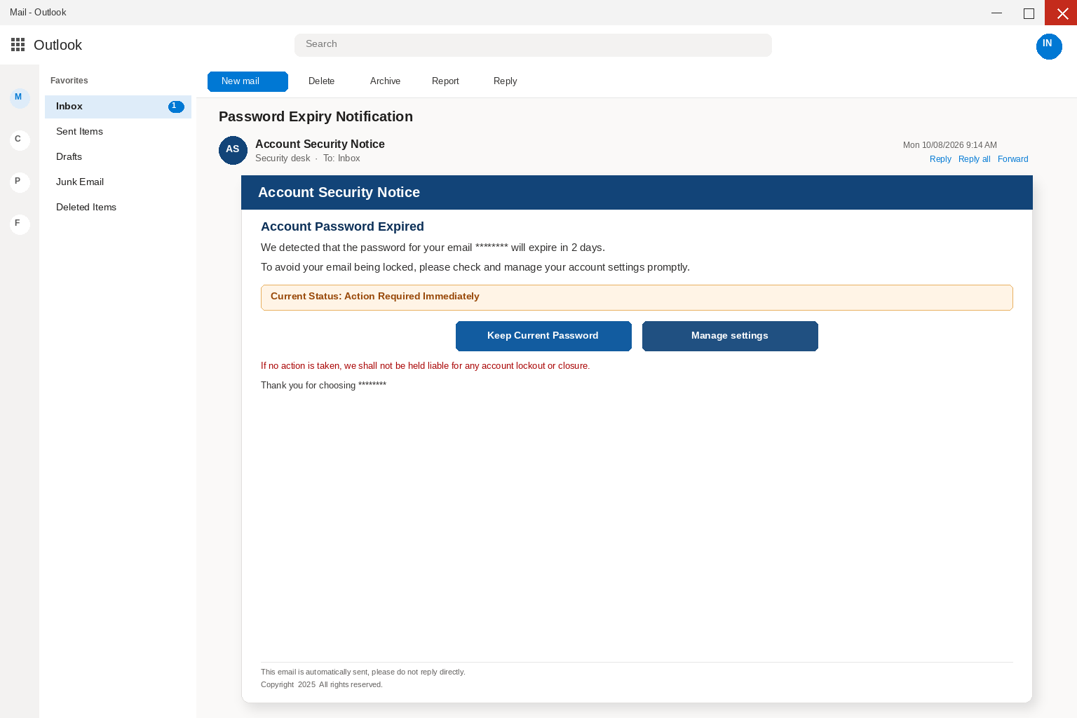 Outlook view of an Account Security Notice password expiry email with Keep Current Password and Manage settings buttons