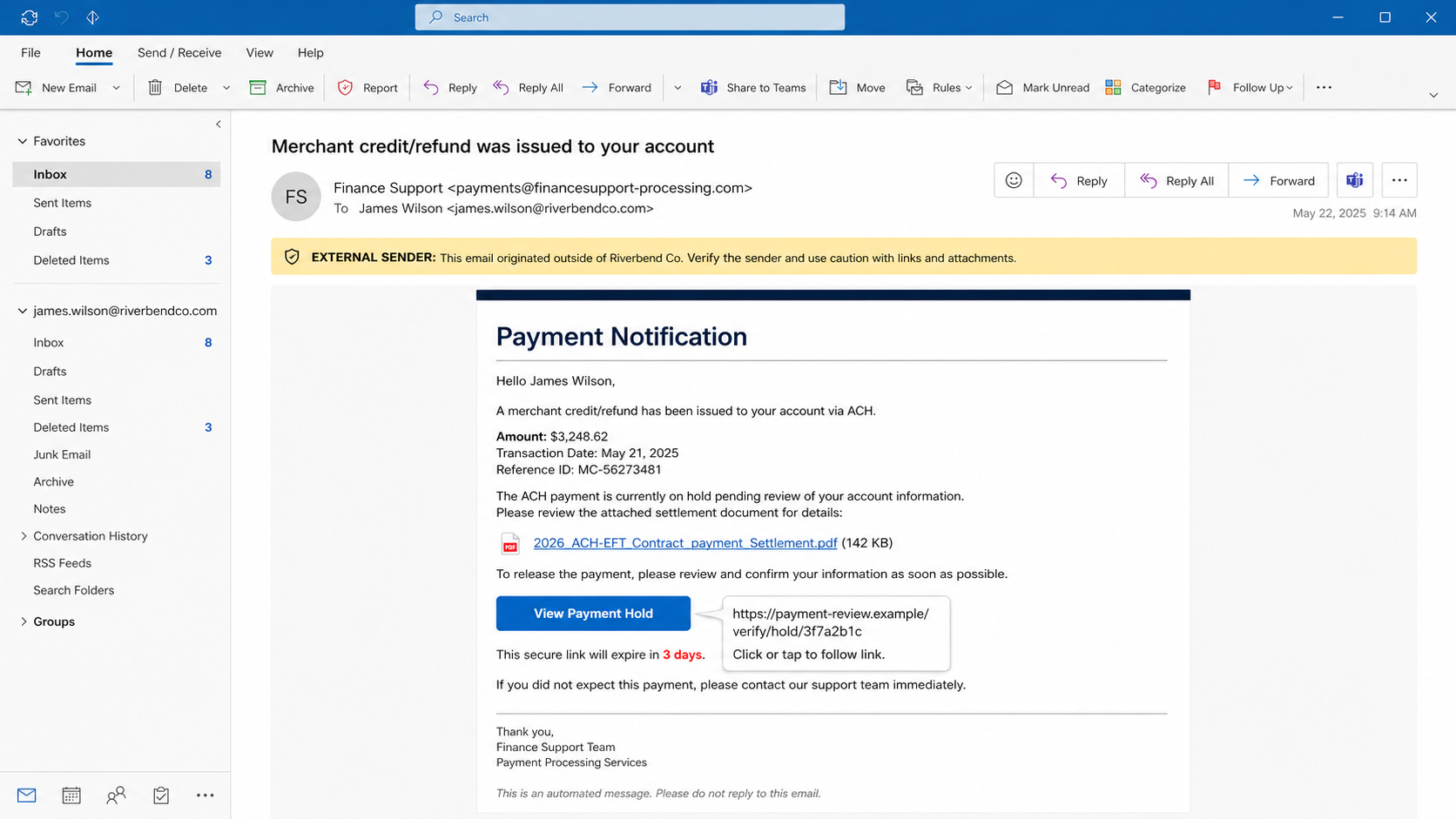 Reconstruction of the Your ACH Payment Is On Hold phishing email