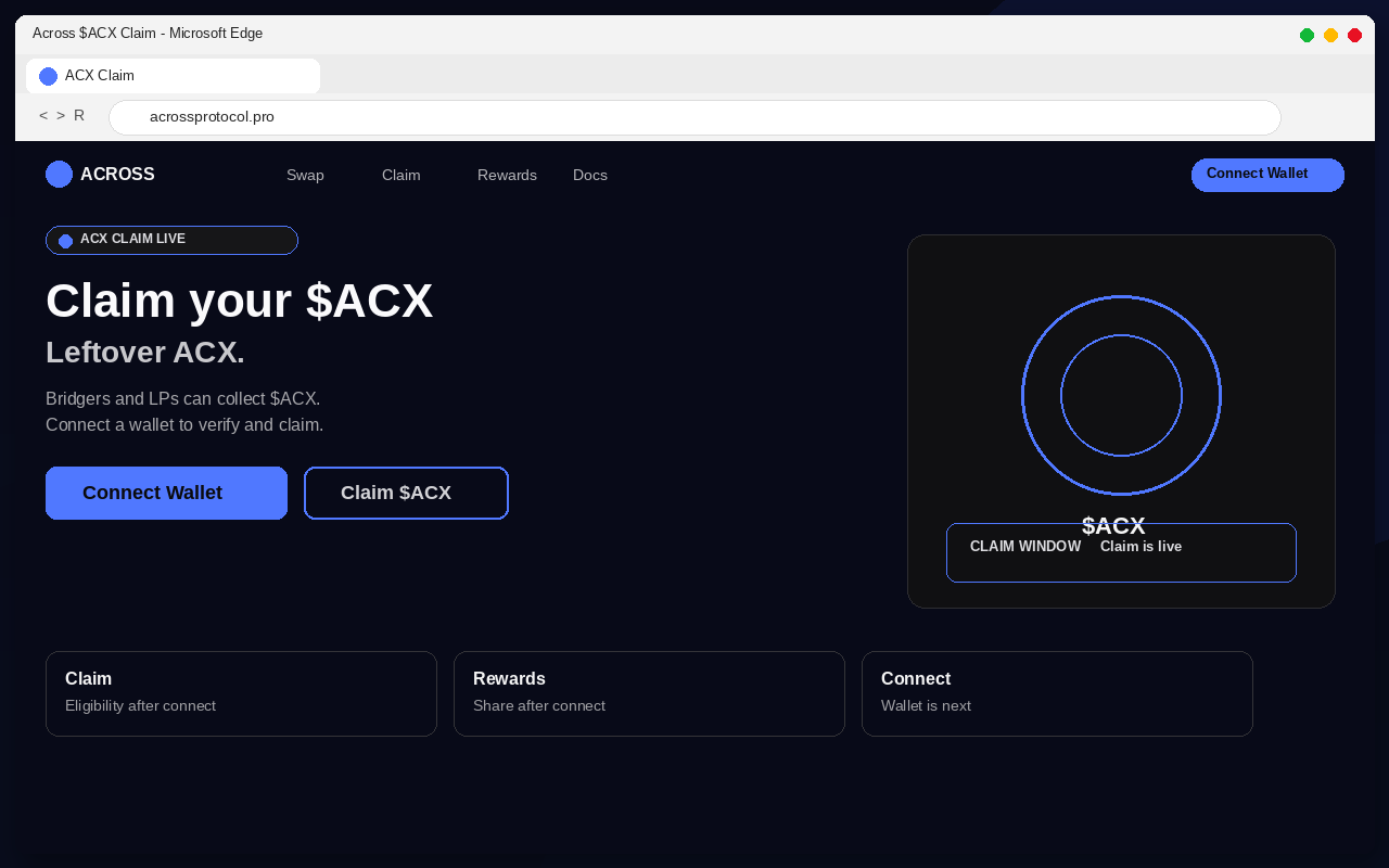 Across Airdrop EXPOSED: Fake $ACX Claim Pages Drain Wallets 1 Fake Across $ACX airdrop claim page with Connect Wallet