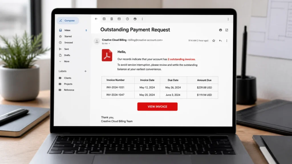 Realistic illustration of a fake outstanding invoice email impersonating PDF software billing