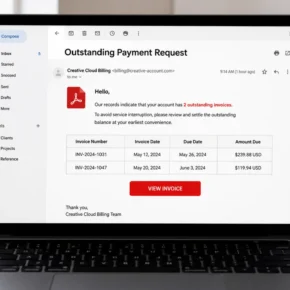 Realistic illustration of a fake outstanding invoice email impersonating PDF software billing