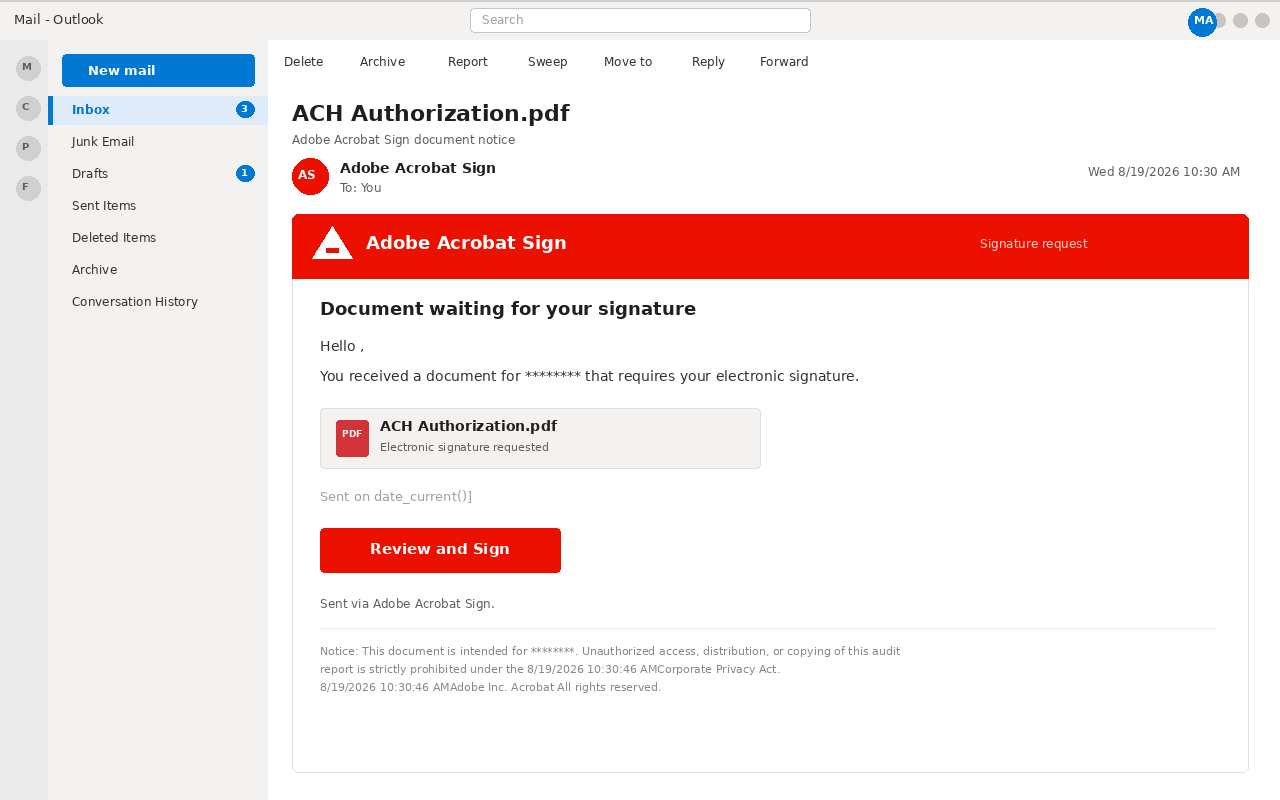 Outlook view of an Adobe Acrobat Sign email for ACH Authorization.pdf with a Review and Sign button