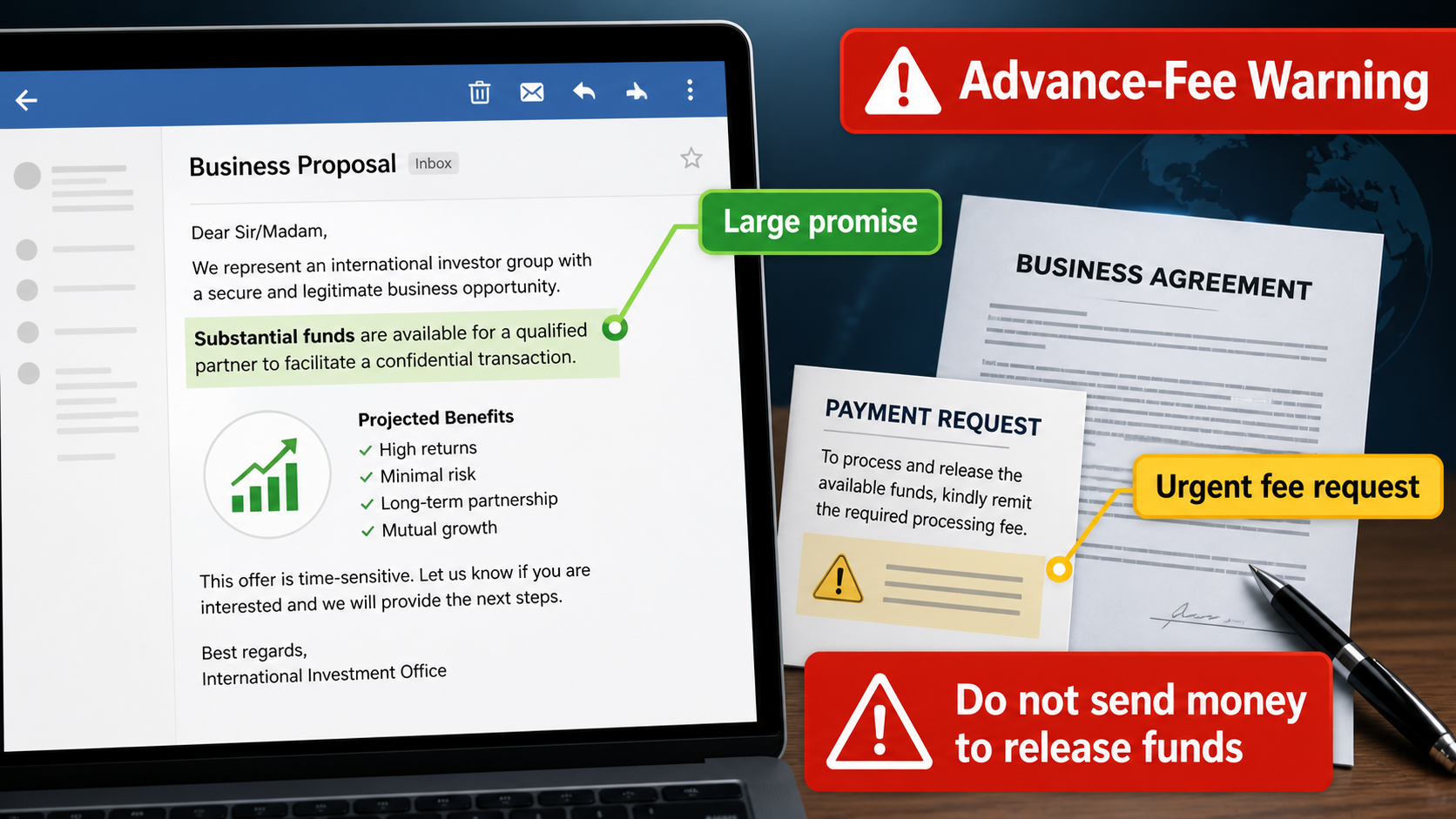Editorial illustration showing advance-fee scam warning signs in an unsolicited business proposal