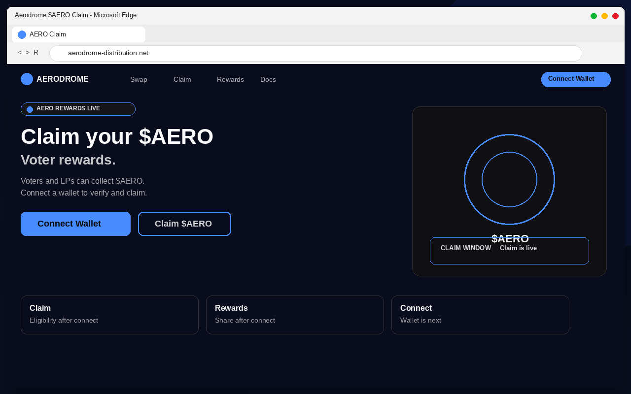 Fake Aerodrome $AERO airdrop claim page with Connect Wallet