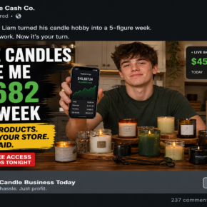 Sponsored ad claiming a teenager made thousands selling candles with AI