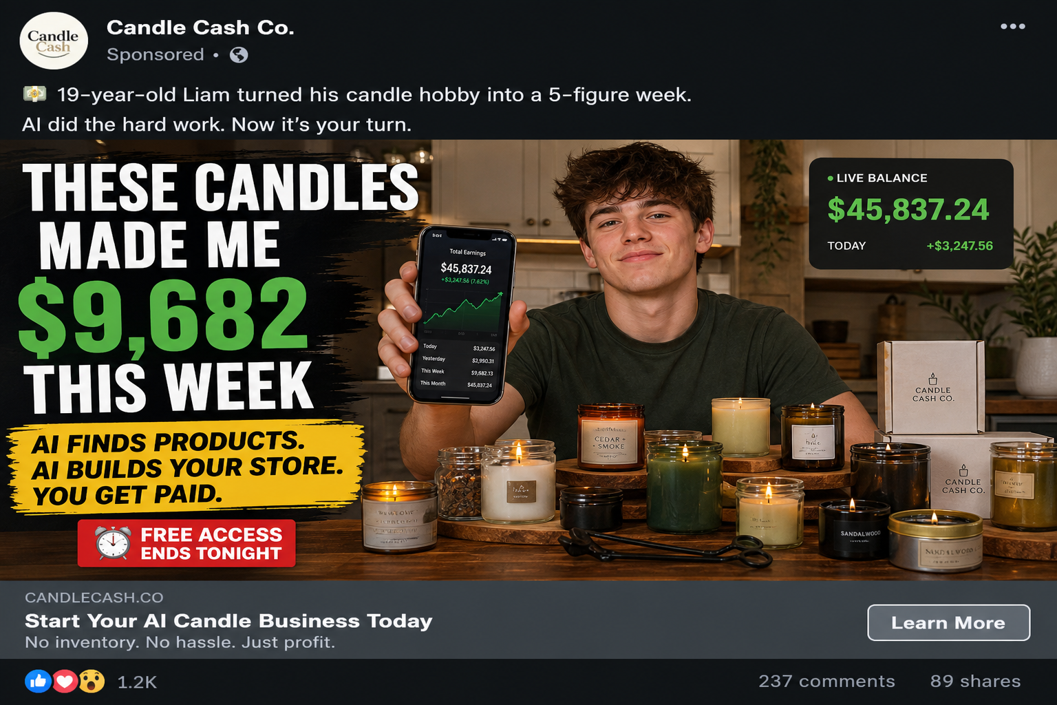 Teenagers Making Millions With AI Candles Scam: Fake Earnings and Empty App 1 Sponsored ad claiming a teenager made thousands selling candles with AI
