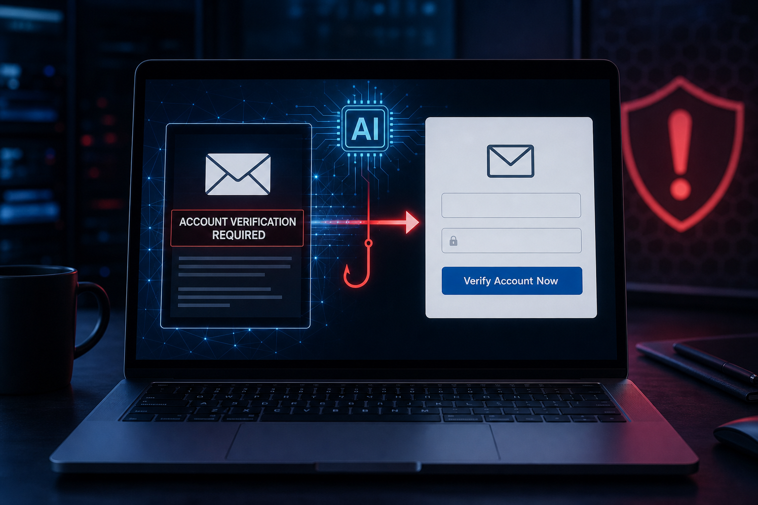 AI Detected That Your Email Account Requires Verification Scam 1 Illustration of a fake AI email account verification alert leading to a phishing login page