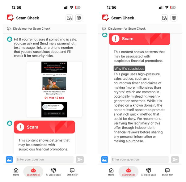Beware the AI Income Text Scam: Fake Earnings and Hidden Charges 2 Mobile scam checker identifying an AI income website as a suspicious financial promotion