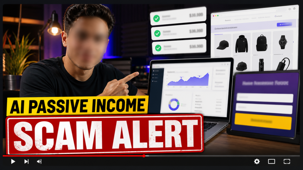 Fake AI passive income social media offer marked as a scam alert