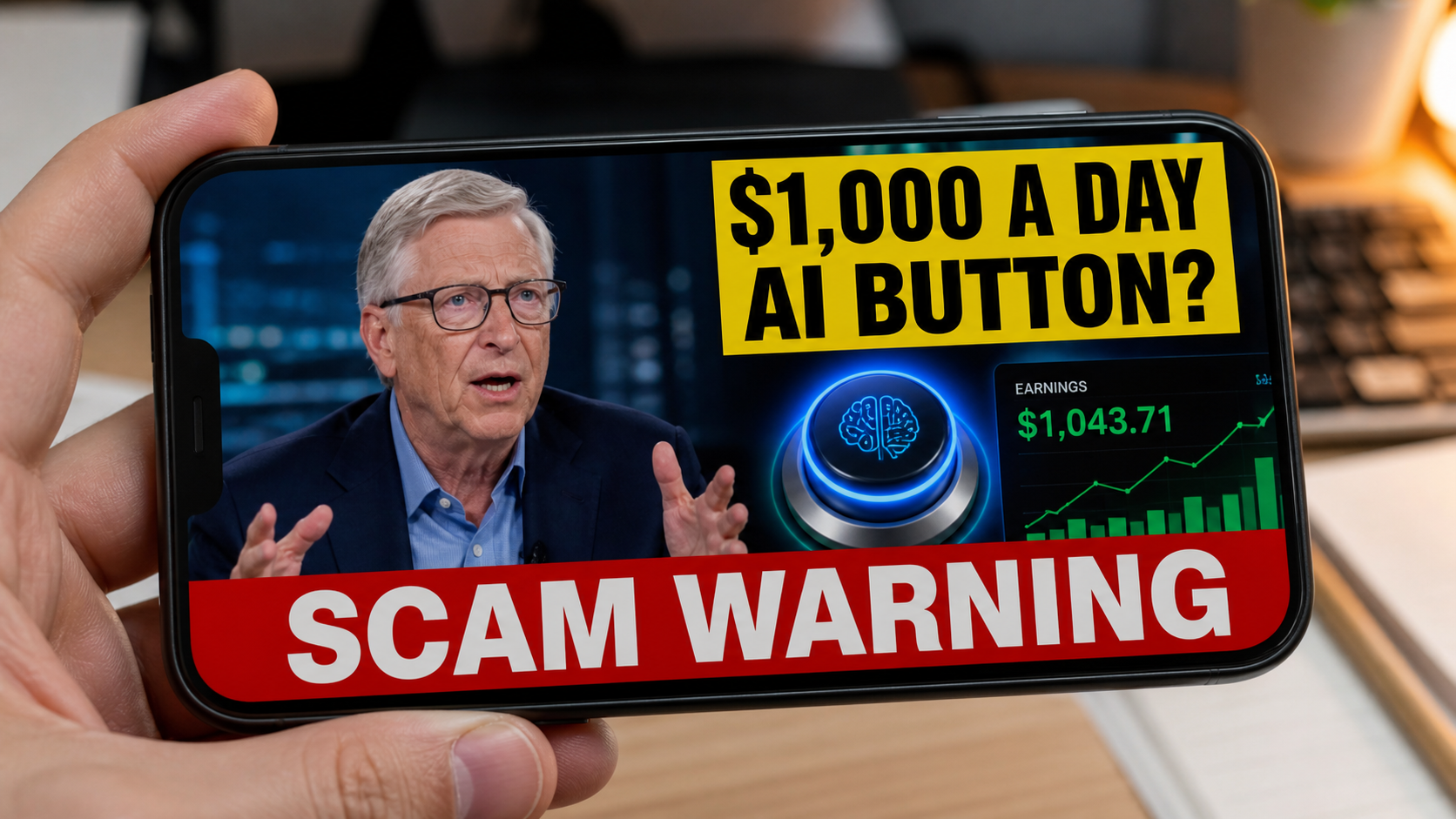 Scam warning illustration of a fake Bill Gates AI button advertisement promising daily income
