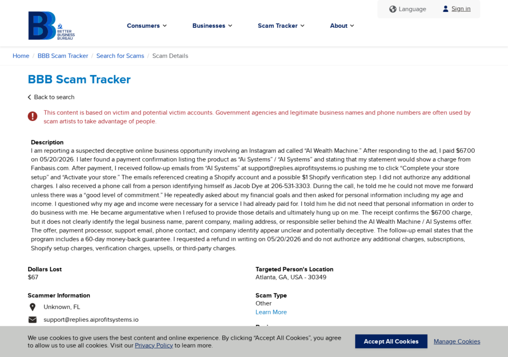 Screenshot of a BBB Scam Tracker report concerning an AI Systems offer