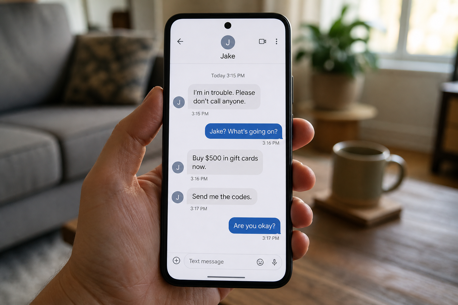 Fictional family emergency messages demanding $500 in gift cards and the card codes