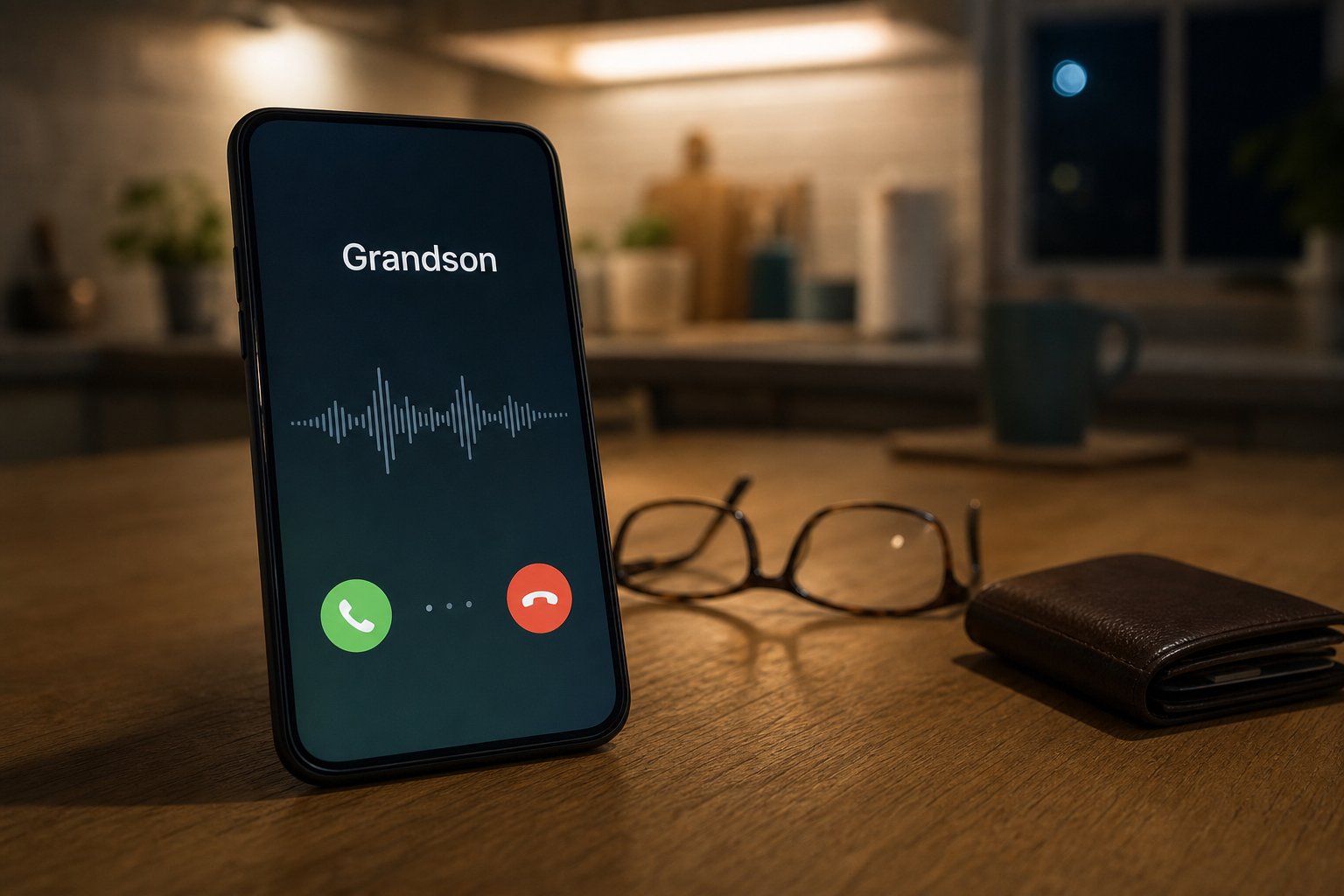 Fictional incoming call from a grandson used to illustrate an AI voice cloning emergency scam