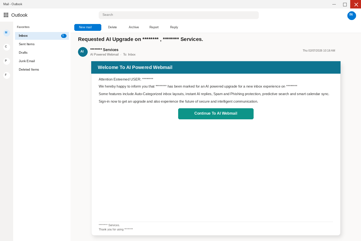 AI Powered Webmail Email EXPOSED: Fake Upgrade Pages Steal Logins 1 Outlook view of a Requested AI Upgrade message from Webmail Services with a Continue To AI Webmail button