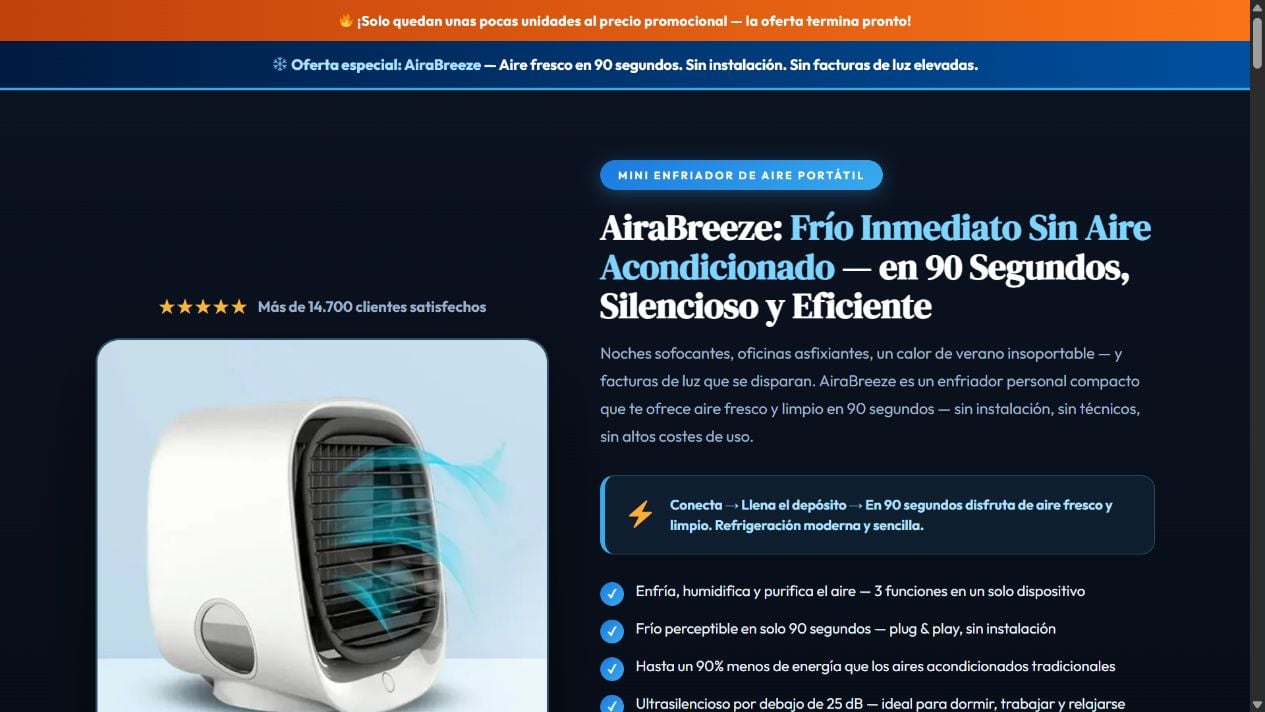 Airabreeze advertisement promising fresh air in 90 seconds and 90% energy savings