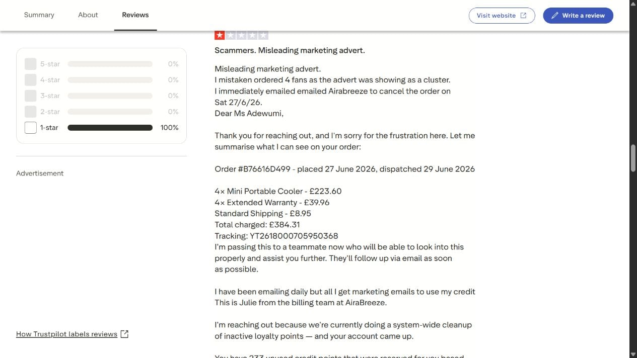 Trustpilot complaint listing four Airabreeze coolers, four warranties, shipping, and a 384.31 pound total