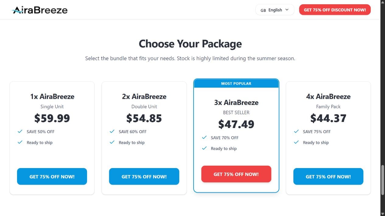 Airabreeze sales page showing package choices for one, two, three, and four mini coolers