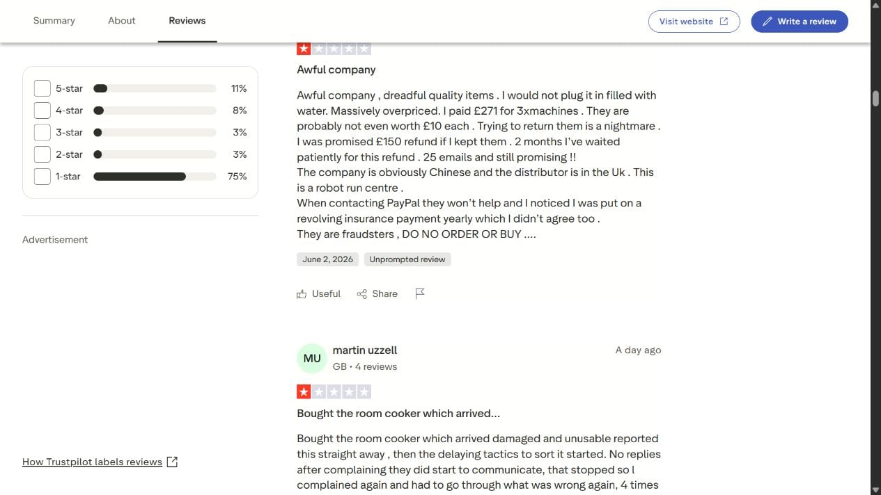 Airabreeze Trustpilot review alleging three low-value coolers and a recurring yearly insurance payment