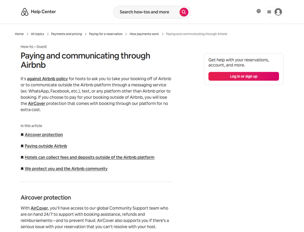 Airbnb Listing Scam: A Real Home, a Fake Host 1 Airbnb Help Center warning travelers to keep booking communication and payments on the platform