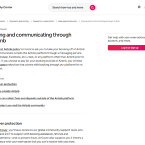 Airbnb Help Center warning travelers to keep booking communication and payments on the platform