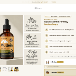 Airovine Mullein Drops page showing COPD claims, lung glue marketing, and bottle package prices